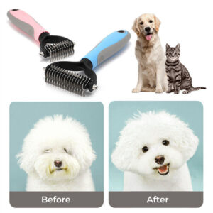Double-sided pet grooming brush for dogs & cats – deshedding, dematting, and fur removal comb.