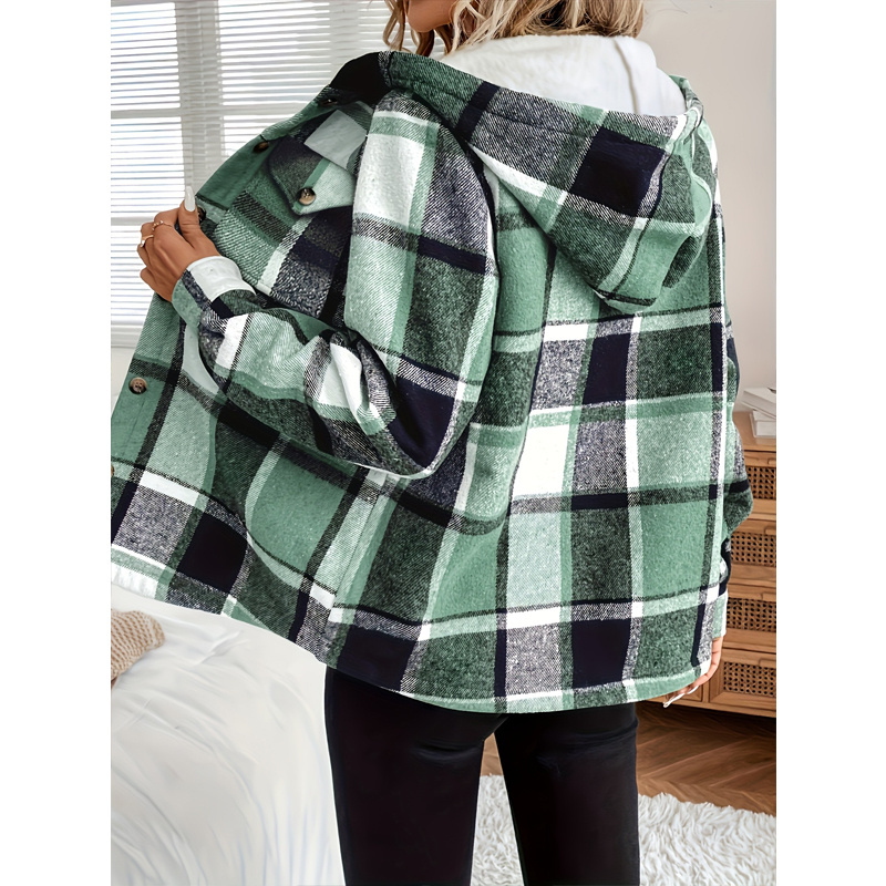 Women's Plaid Fleece Lined Hooded Jacket Button Front Long Sleeve Coat With Pocket For Autumn & Winter 3 Women's Plaid Fleece Lined Hooded Jacket Button Front Long Sleeve Coat With Pocket For Autumn & Winter - Image 3