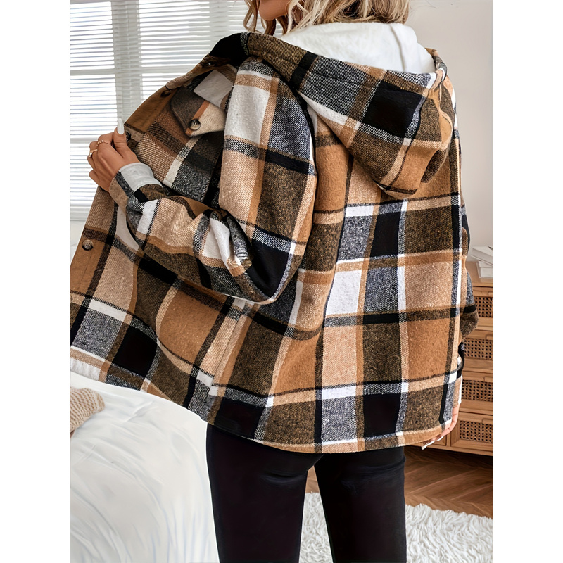 Women's Plaid Fleece Lined Hooded Jacket Button Front Long Sleeve Coat With Pocket For Autumn & Winter 4 Women's Plaid Fleece Lined Hooded Jacket Button Front Long Sleeve Coat With Pocket For Autumn & Winter - Image 4
