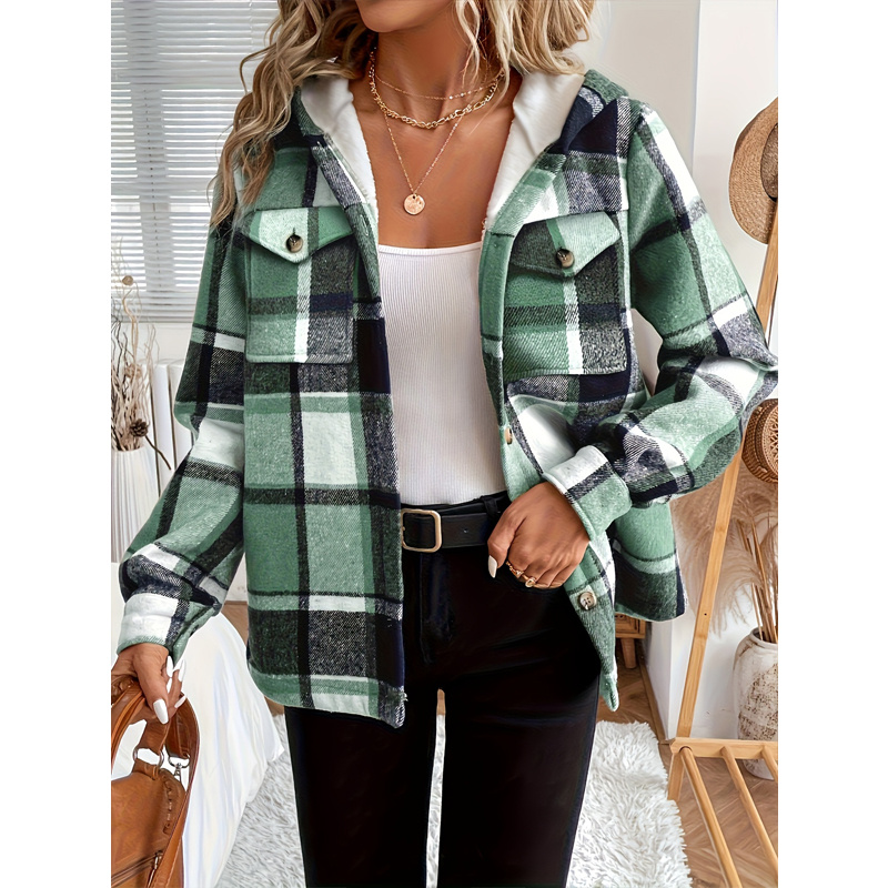 Women's Plaid Fleece Lined Hooded Jacket Button Front Long Sleeve Coat With Pocket For Autumn & Winter 9 Women's Plaid Fleece Lined Hooded Jacket Button Front Long Sleeve Coat With Pocket For Autumn & Winter - Image 9